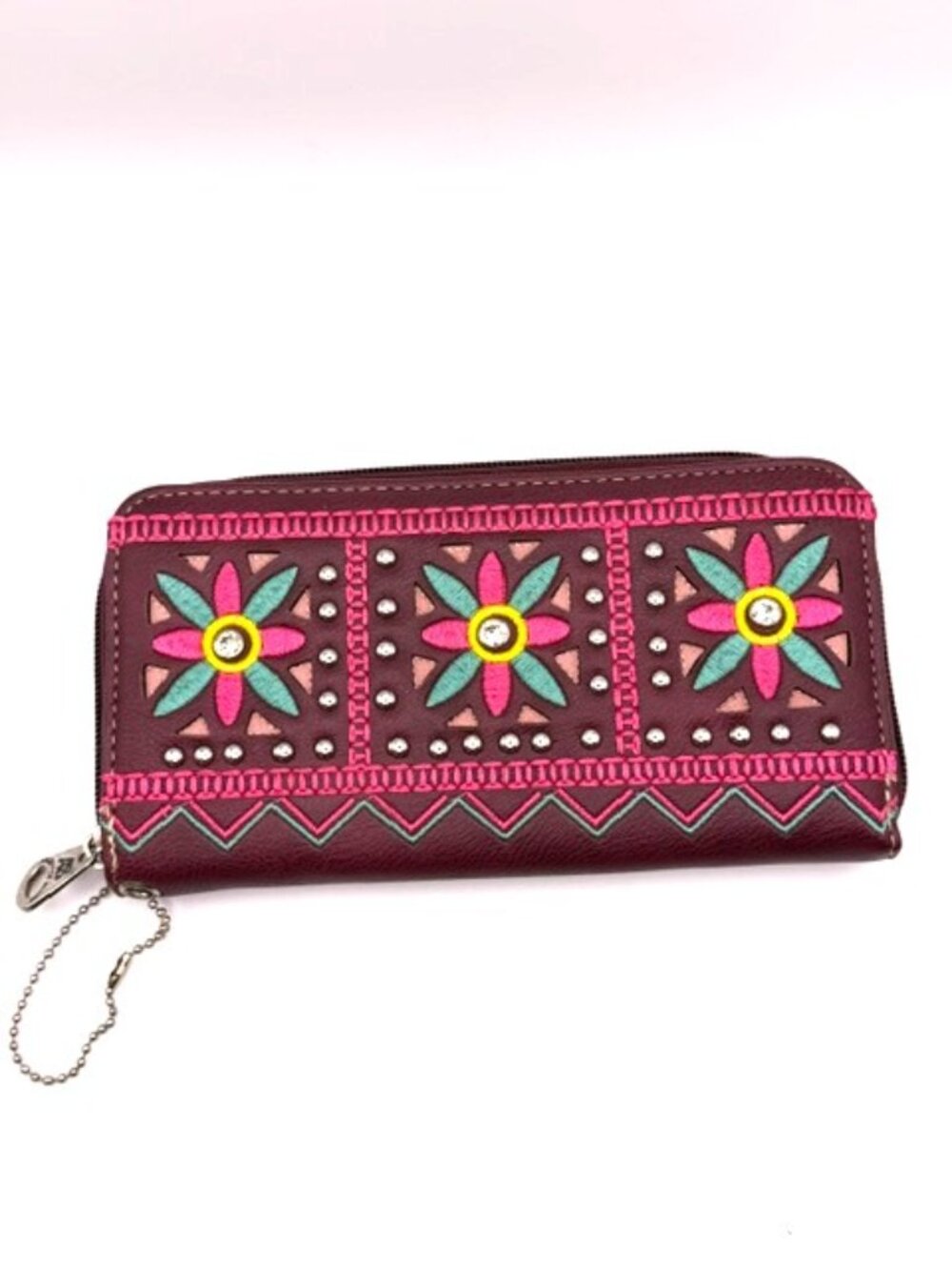 American Bling Burgundy Floral Cutout Embroidered Rhinestone Zip Wallet